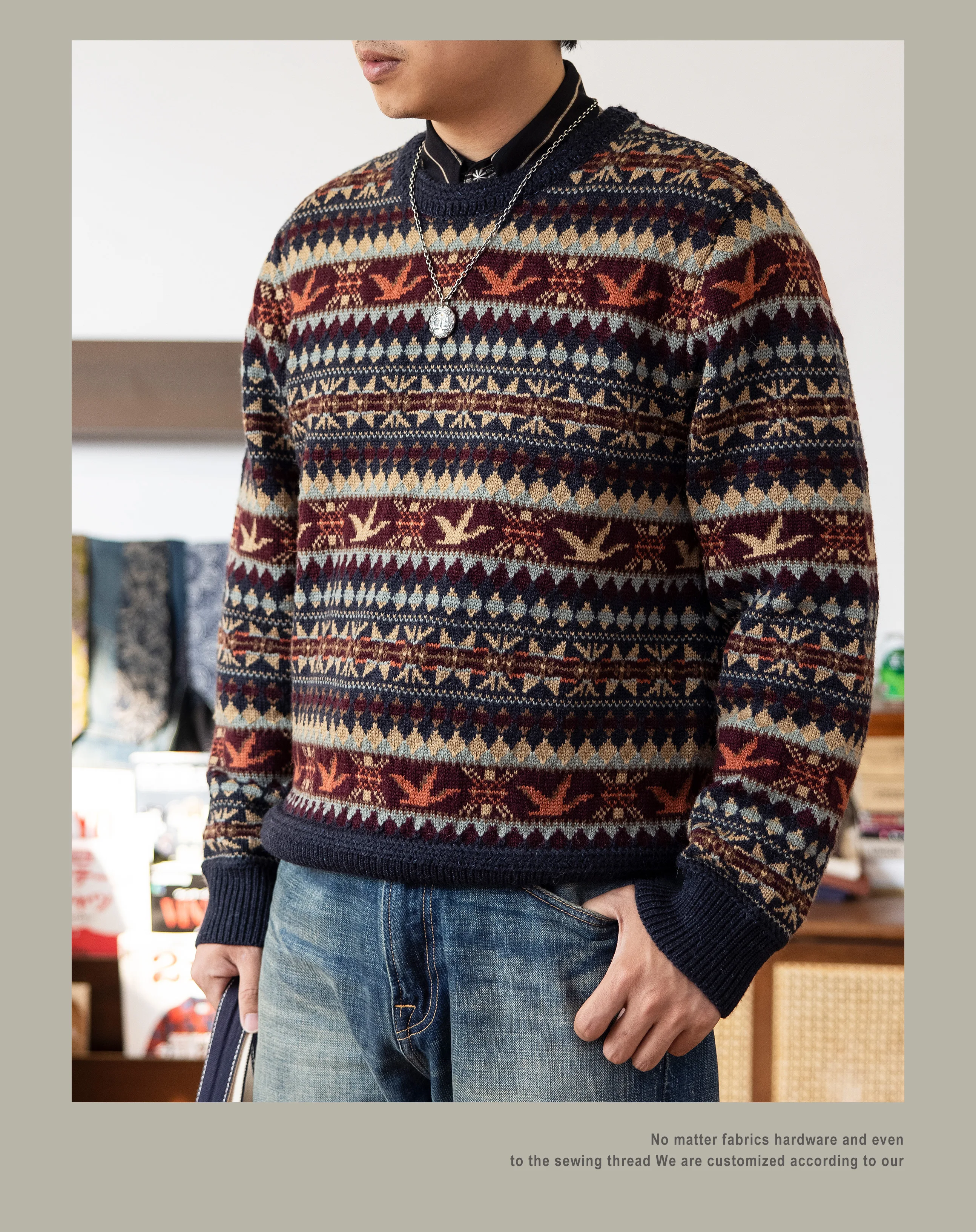 MY-0016 Super Top Quality Heavy Thick Jumper Big Flexible 100% Merino Wool & Italy Leather Warm Pullover