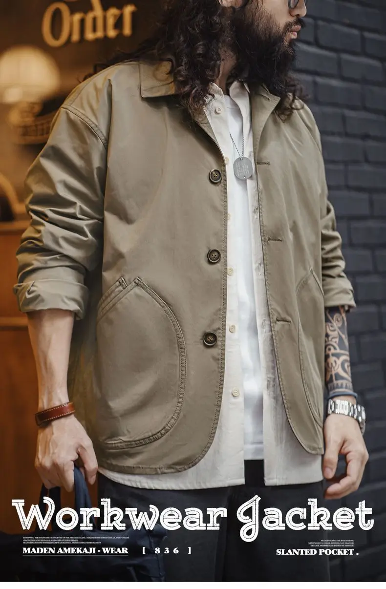Maden French Vintage Work Jacket Men's Coffee Notch Lapel Casual Single Breasted Coat Slant Pockets Outwear for Spring and Fall