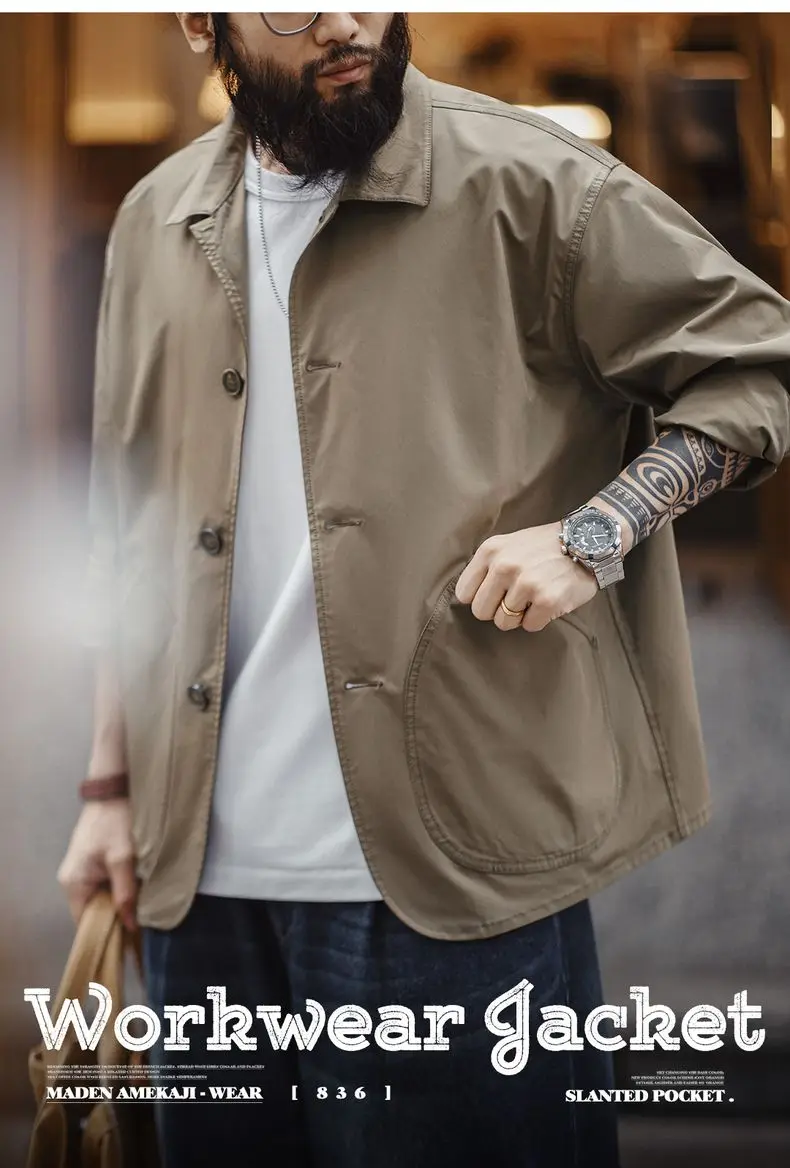 Maden French Vintage Work Jacket Men's Coffee Notch Lapel Casual Single Breasted Coat Slant Pockets Outwear for Spring and Fall