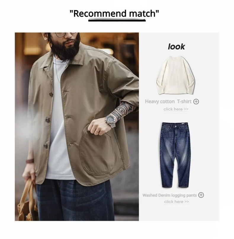 Maden French Vintage Work Jacket Men's Coffee Notch Lapel Casual Single Breasted Coat Slant Pockets Outwear for Spring and Fall