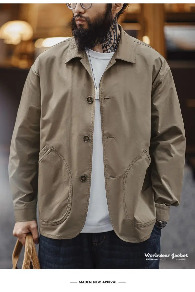 Maden French Vintage Work Jacket Men's Coffee Notch Lapel Casual Single Breasted Coat Slant Pockets Outwear for Spring and Fall