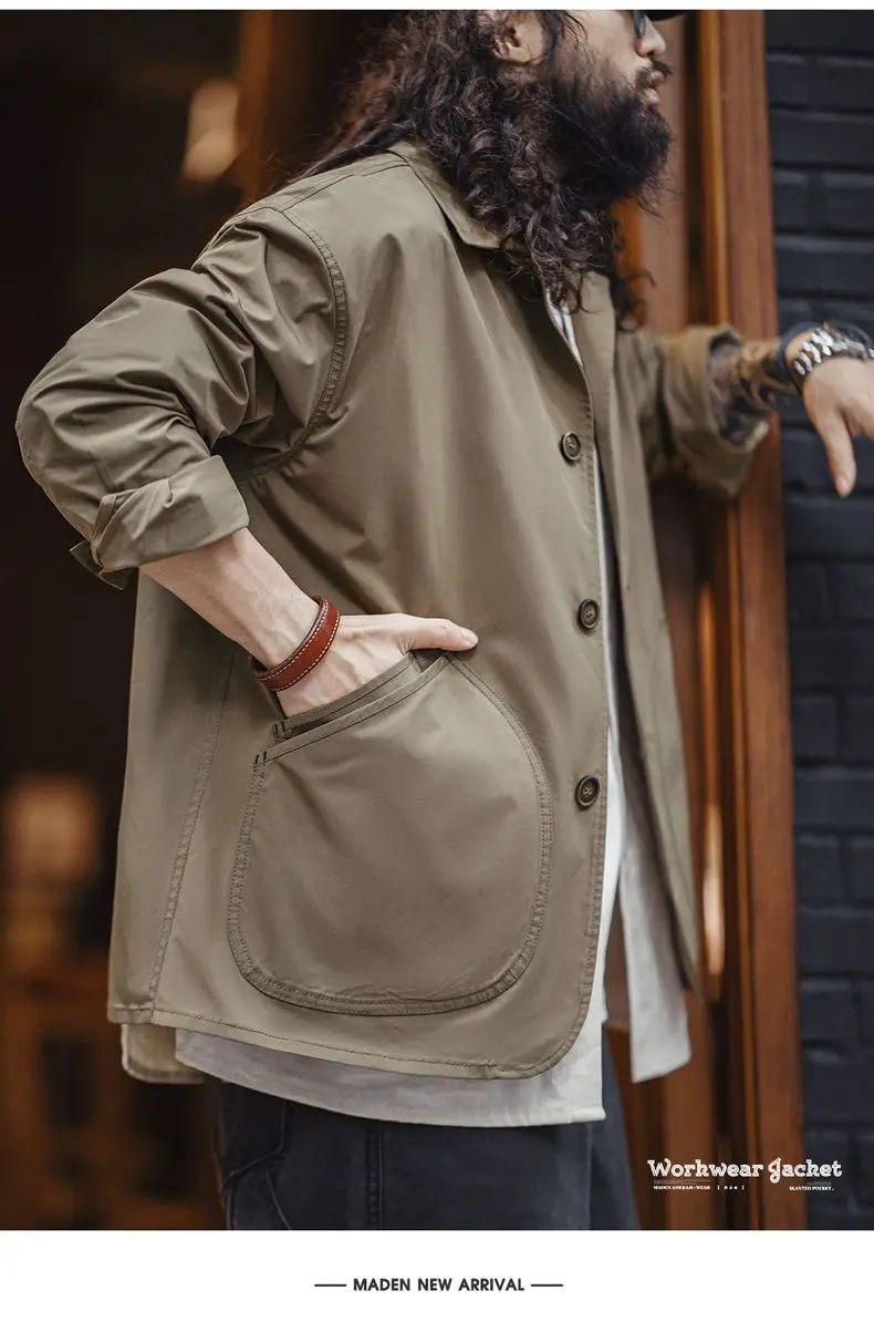Maden French Vintage Work Jacket Men's Coffee Notch Lapel Casual Single Breasted Coat Slant Pockets Outwear for Spring and Fall