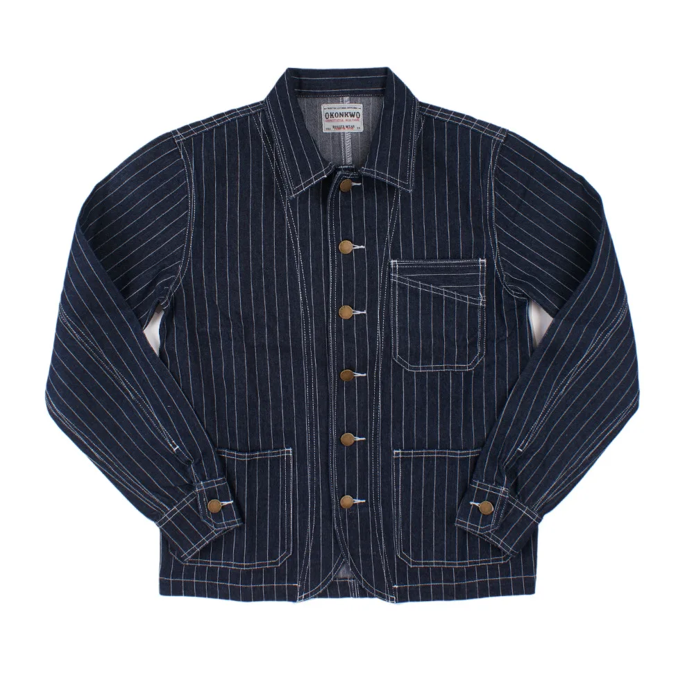 OK8602 Denim Vertical Striped Jacket Men Tooling Motorcycle Style Hip Hop Cool Handsome Youth Multi-Pocket Lapel Coat Clothing