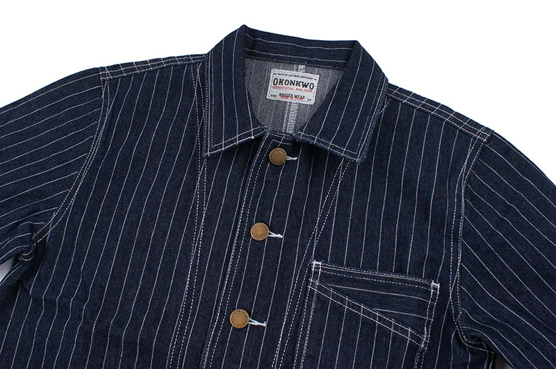 OK8602 Denim Vertical Striped Jacket Men Tooling Motorcycle Style Hip Hop Cool Handsome Youth Multi-Pocket Lapel Coat Clothing