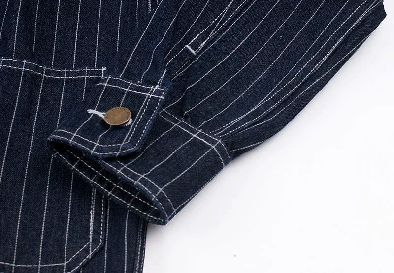 OK8602 Denim Vertical Striped Jacket Men Tooling Motorcycle Style Hip Hop Cool Handsome Youth Multi-Pocket Lapel Coat Clothing