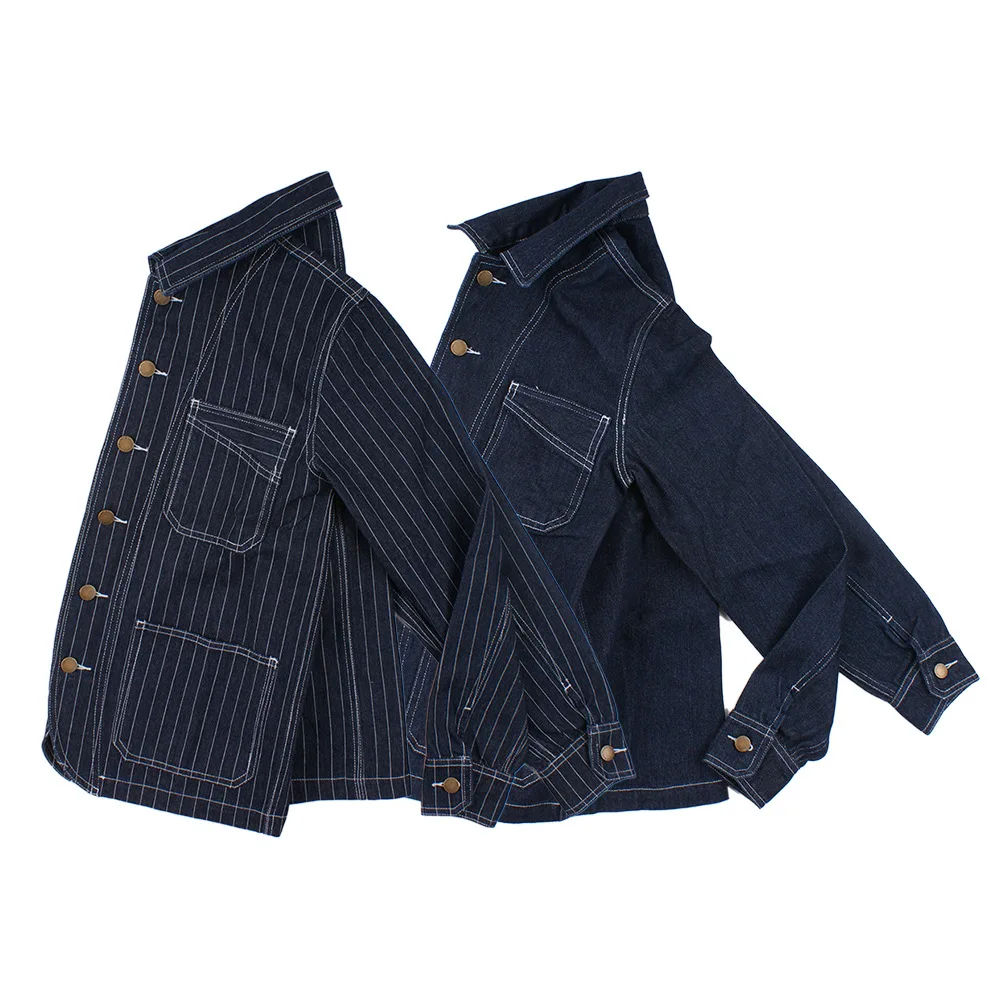 OK8602 Denim Vertical Striped Jacket Men Tooling Motorcycle Style Hip Hop Cool Handsome Youth Multi-Pocket Lapel Coat Clothing