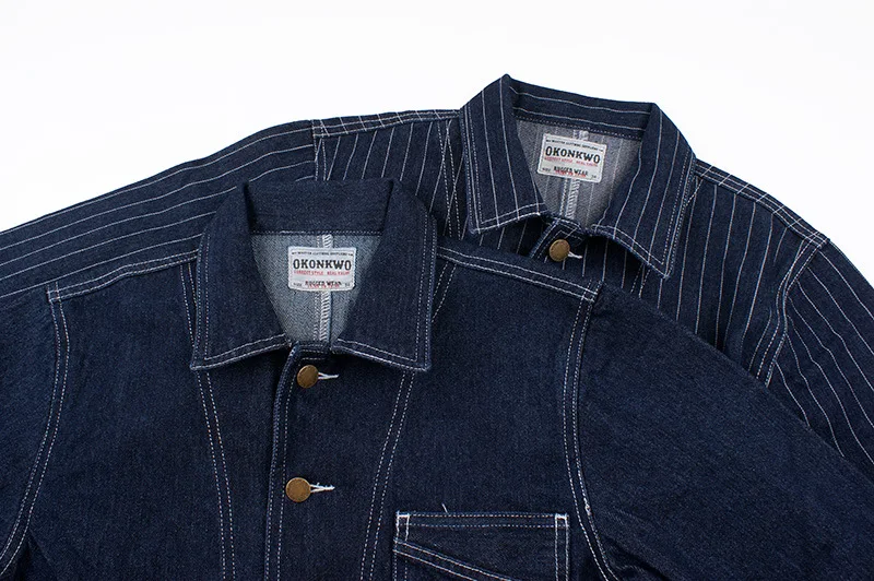 OK8602 Denim Vertical Striped Jacket Men Tooling Motorcycle Style Hip Hop Cool Handsome Youth Multi-Pocket Lapel Coat Clothing