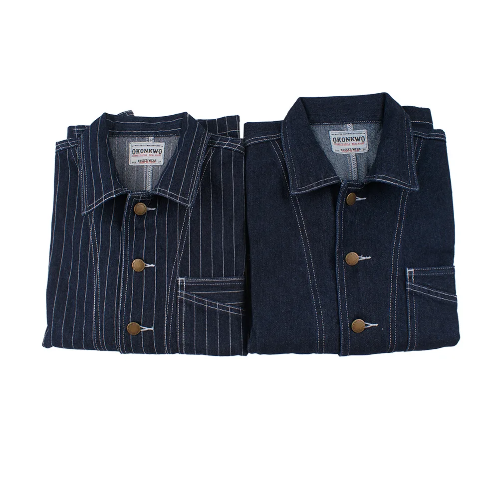 OK8602 Denim Vertical Striped Jacket Men Tooling Motorcycle Style Hip Hop Cool Handsome Youth Multi-Pocket Lapel Coat Clothing