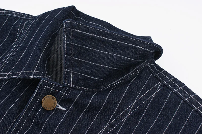 OK8602 Denim Vertical Striped Jacket Men Tooling Motorcycle Style Hip Hop Cool Handsome Youth Multi-Pocket Lapel Coat Clothing