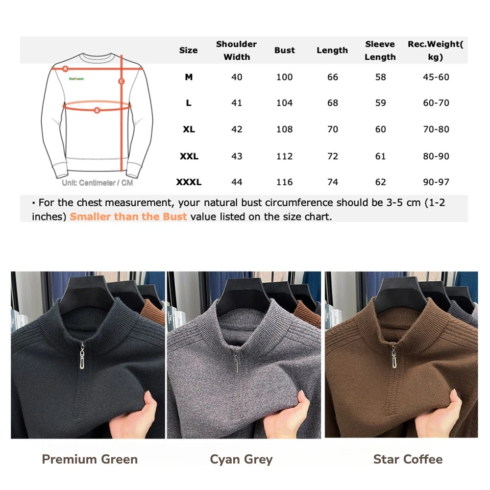 Men's 100% Pure Wool Half - Zip Sweater Thickened 410g Solid Color Loose Fit Warm Pullover for Autumn & Winter