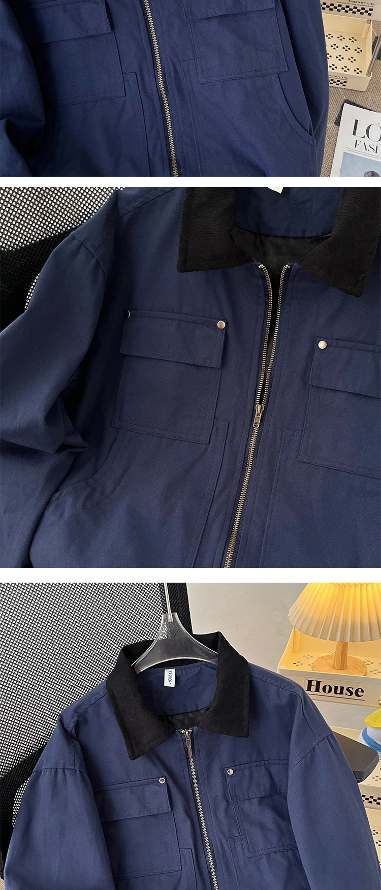 Men Retro Contrasting Color Solid Pockets Casaul Jacket Unisex Men Baseball Bomber Coat Varsity Outerwear High Streetwear