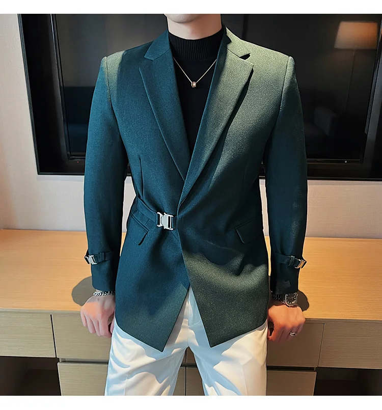 2026Men Party Wedding Banquet Blazer Solid Metal Buckle Decoration Blazer For Italian Designer Suit Jacket Slim Fit Blazer Homme