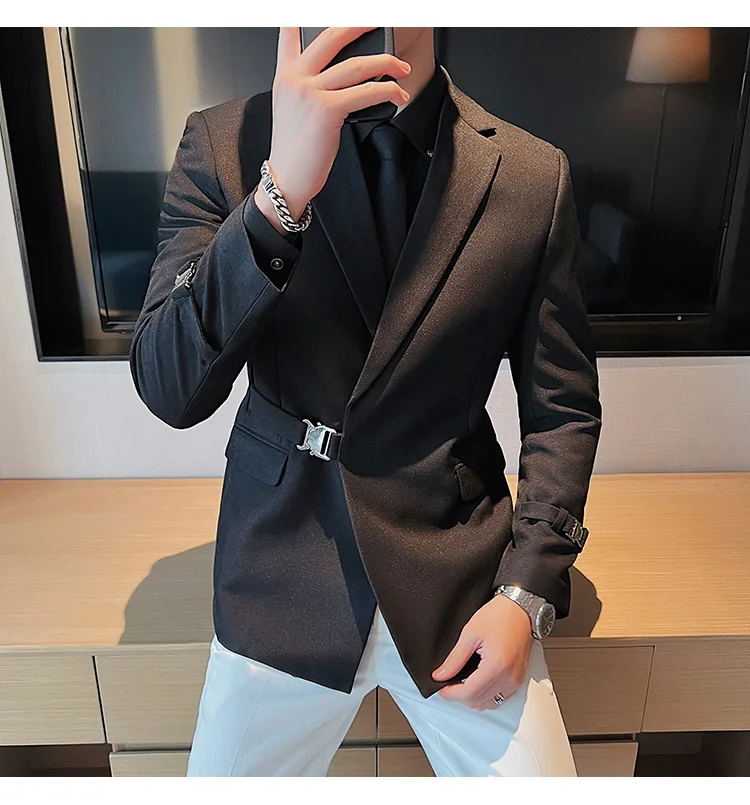 2026Men Party Wedding Banquet Blazer Solid Metal Buckle Decoration Blazer For Italian Designer Suit Jacket Slim Fit Blazer Homme
