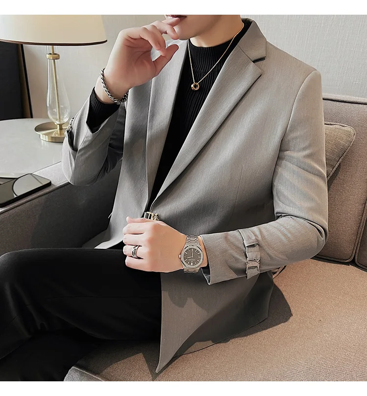 2026Men Party Wedding Banquet Blazer Solid Metal Buckle Decoration Blazer For Italian Designer Suit Jacket Slim Fit Blazer Homme