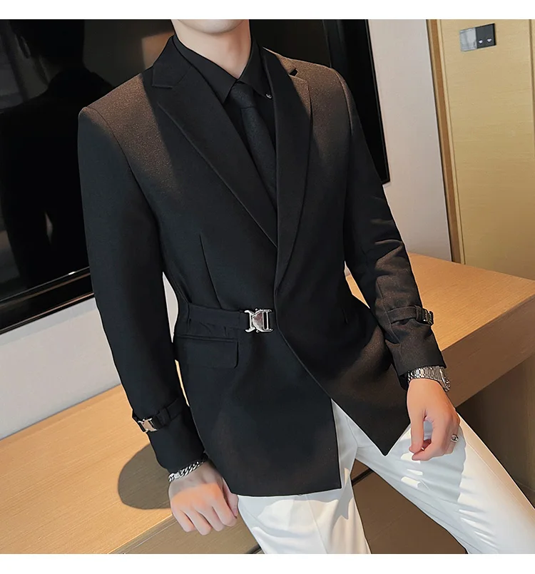 2026Men Party Wedding Banquet Blazer Solid Metal Buckle Decoration Blazer For Italian Designer Suit Jacket Slim Fit Blazer Homme