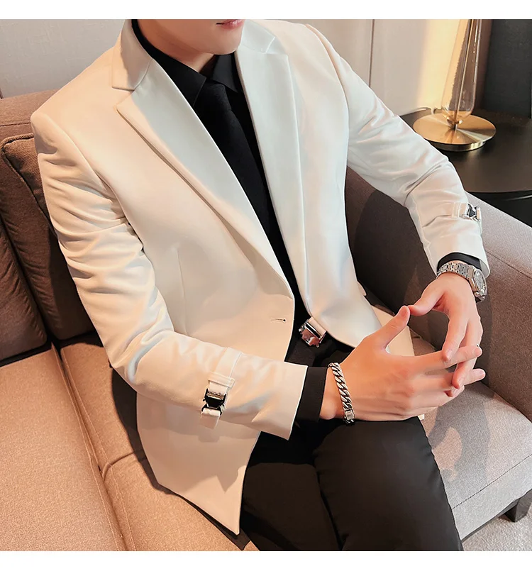 2026Men Party Wedding Banquet Blazer Solid Metal Buckle Decoration Blazer For Italian Designer Suit Jacket Slim Fit Blazer Homme