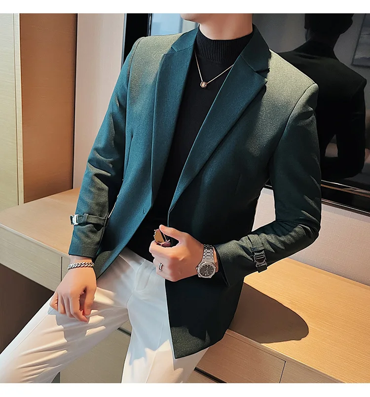 2026Men Party Wedding Banquet Blazer Solid Metal Buckle Decoration Blazer For Italian Designer Suit Jacket Slim Fit Blazer Homme