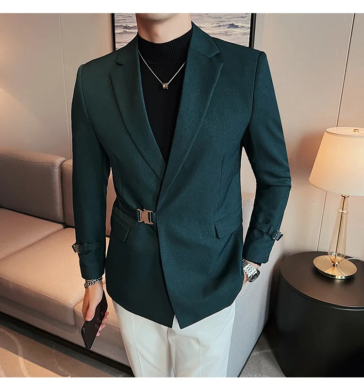 2026Men Party Wedding Banquet Blazer Solid Metal Buckle Decoration Blazer For Italian Designer Suit Jacket Slim Fit Blazer Homme