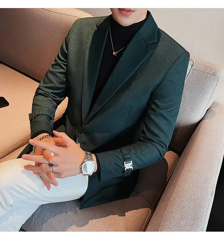 2026Men Party Wedding Banquet Blazer Solid Metal Buckle Decoration Blazer For Italian Designer Suit Jacket Slim Fit Blazer Homme