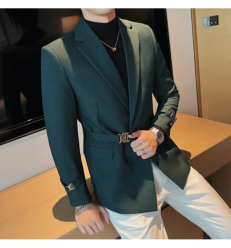 2026Men Party Wedding Banquet Blazer Solid Metal Buckle Decoration Blazer For Italian Designer Suit Jacket Slim Fit Blazer Homme