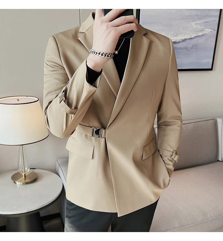 2026Men Party Wedding Banquet Blazer Solid Metal Buckle Decoration Blazer For Italian Designer Suit Jacket Slim Fit Blazer Homme