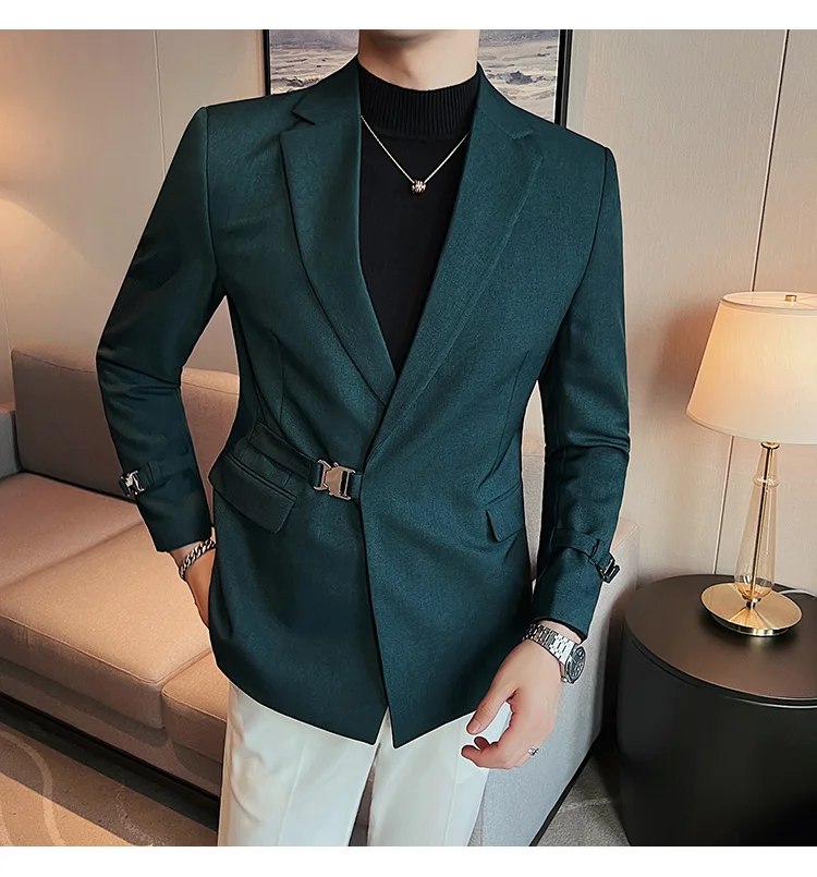 2026Men Party Wedding Banquet Blazer Solid Metal Buckle Decoration Blazer For Italian Designer Suit Jacket Slim Fit Blazer Homme