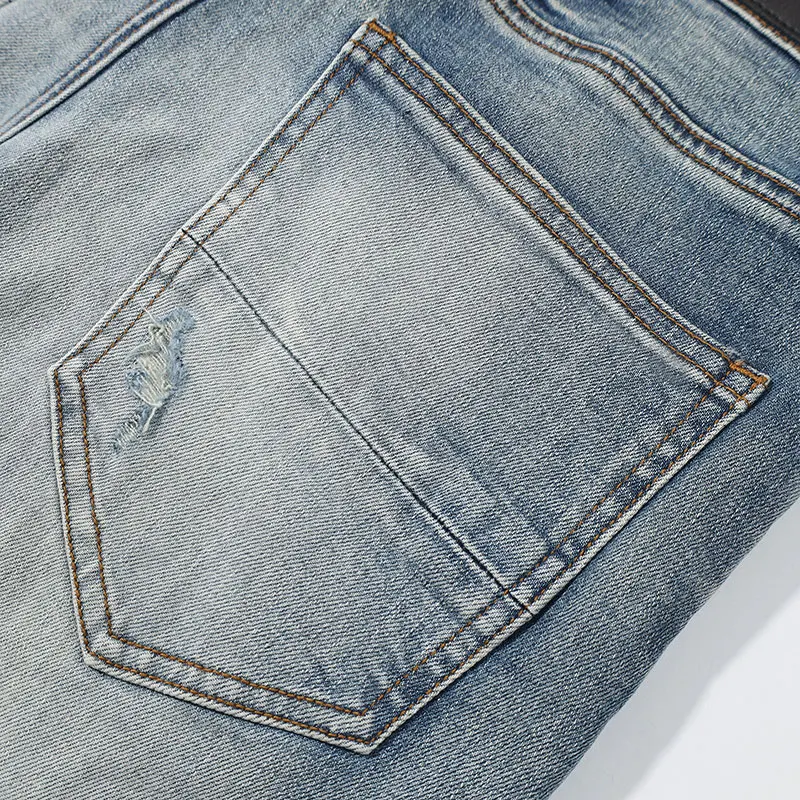Designer Fashion New Men's Jeans Ripple Elastic Slimming Wash Retro Light Blue Perforated Patch Jeans High Street Hip Hop Pants