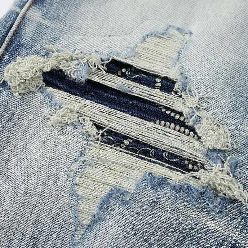 Designer Fashion New Men's Jeans Ripple Elastic Slimming Wash Retro Light Blue Perforated Patch Jeans High Street Hip Hop Pants