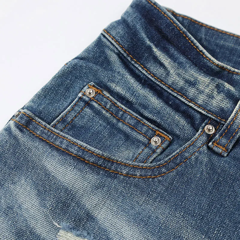 Designer Fashion New Men's Jeans Ripple Elastic Slimming Wash Retro Light Blue Perforated Patch Jeans High Street Hip Hop Pants