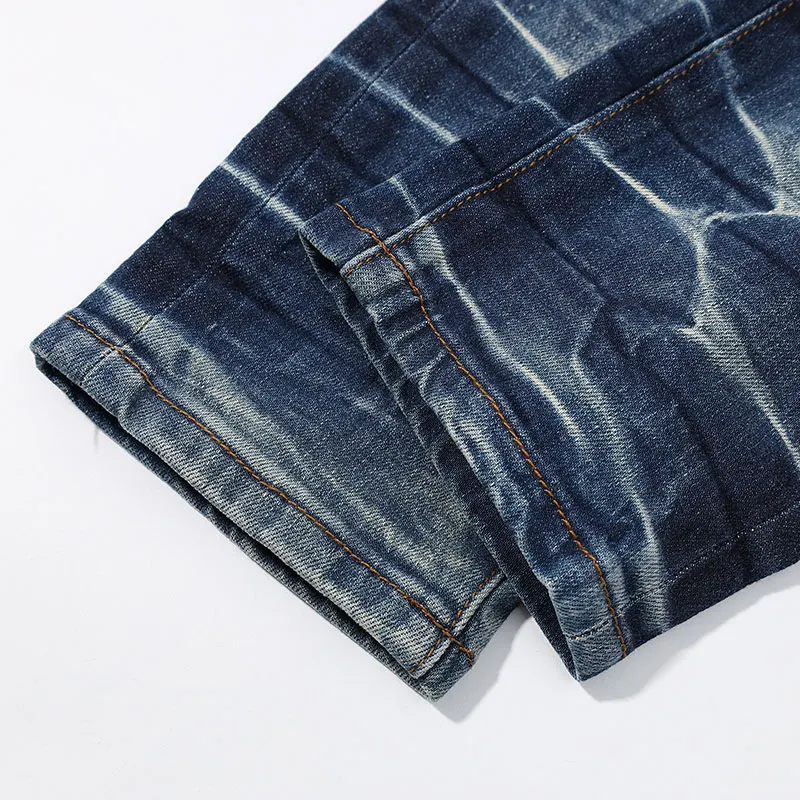Designer Fashion New Men's Jeans Ripple Elastic Slimming Wash Retro Light Blue Perforated Patch Jeans High Street Hip Hop Pants