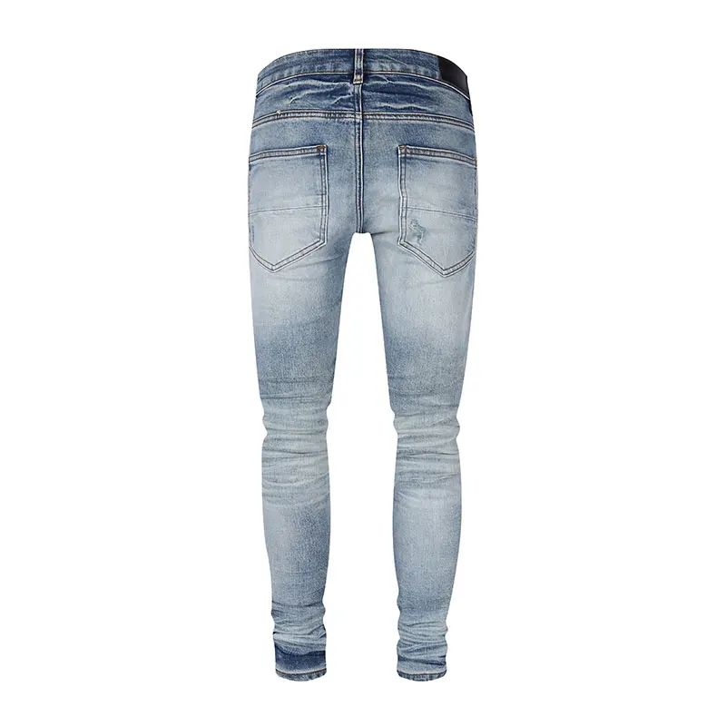 Designer Fashion New Men's Jeans Ripple Elastic Slimming Wash Retro Light Blue Perforated Patch Jeans High Street Hip Hop Pants