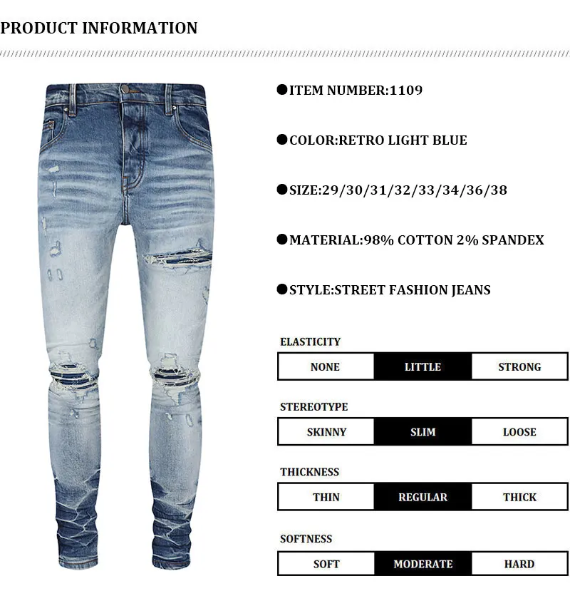 Designer Fashion New Men's Jeans Ripple Elastic Slimming Wash Retro Light Blue Perforated Patch Jeans High Street Hip Hop Pants