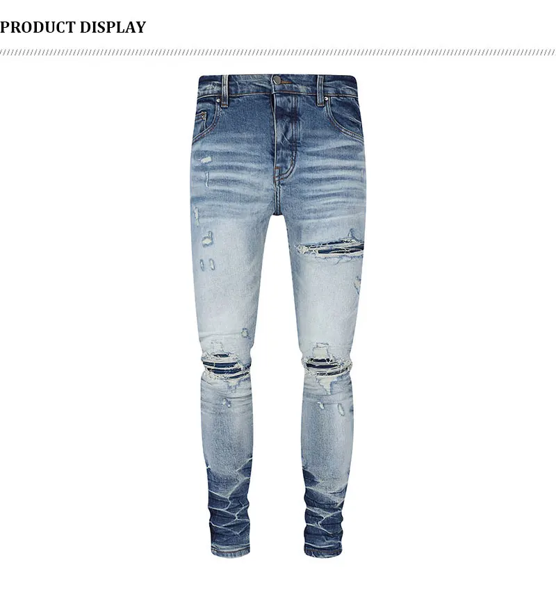 Designer Fashion New Men's Jeans Ripple Elastic Slimming Wash Retro Light Blue Perforated Patch Jeans High Street Hip Hop Pants