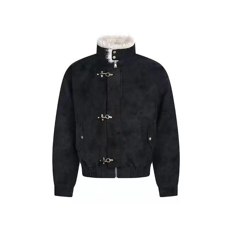 Bomber jacket for men and women thickened wool inner American aircraft buckle fashion stand-up collar parka retro jacket