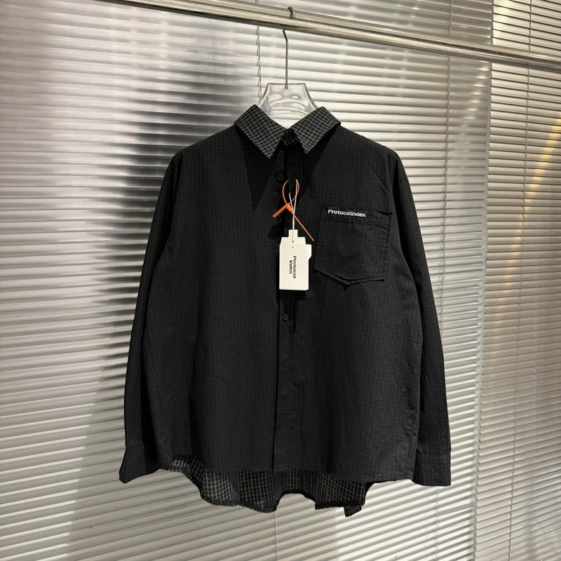 Protocol Fake Two-piece Spliced Four Sleeve Checkered Collar Shirt High Quality Loose Fashion Men's Women's Long Sleeved Shirt