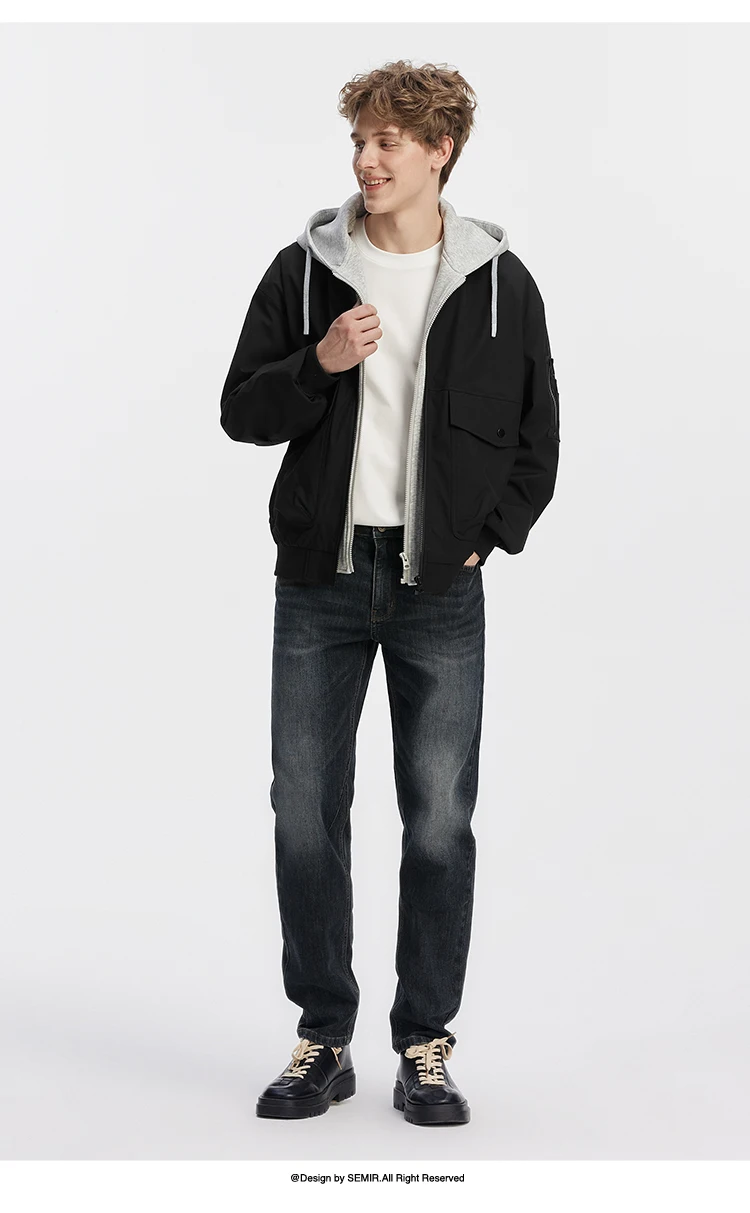 Semir Men Jacket Hooded Faux Layer Colorblock Street Casual Style Loose 2026 Autumn Outerwear Layered Trendy Daily Wear