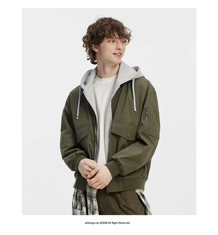 Semir Men Jacket Hooded Faux Layer Colorblock Street Casual Style Loose 2026 Autumn Outerwear Layered Trendy Daily Wear