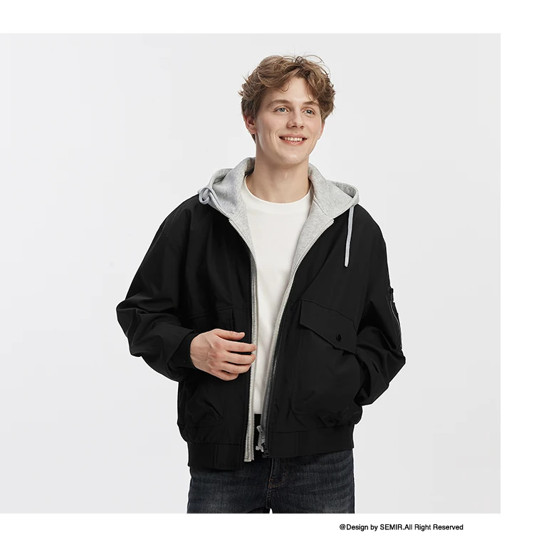 Semir Men Jacket Hooded Faux Layer Colorblock Street Casual Style Loose 2026 Autumn Outerwear Layered Trendy Daily Wear