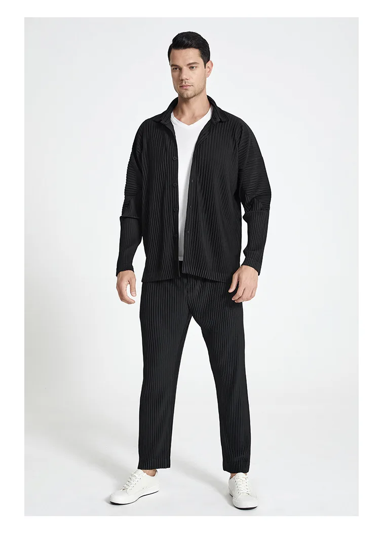 Miyake Pleated Casual Suit Jacket Korean Version Loose 2022 Summer Long-Sleeved Shirt Button Top Men