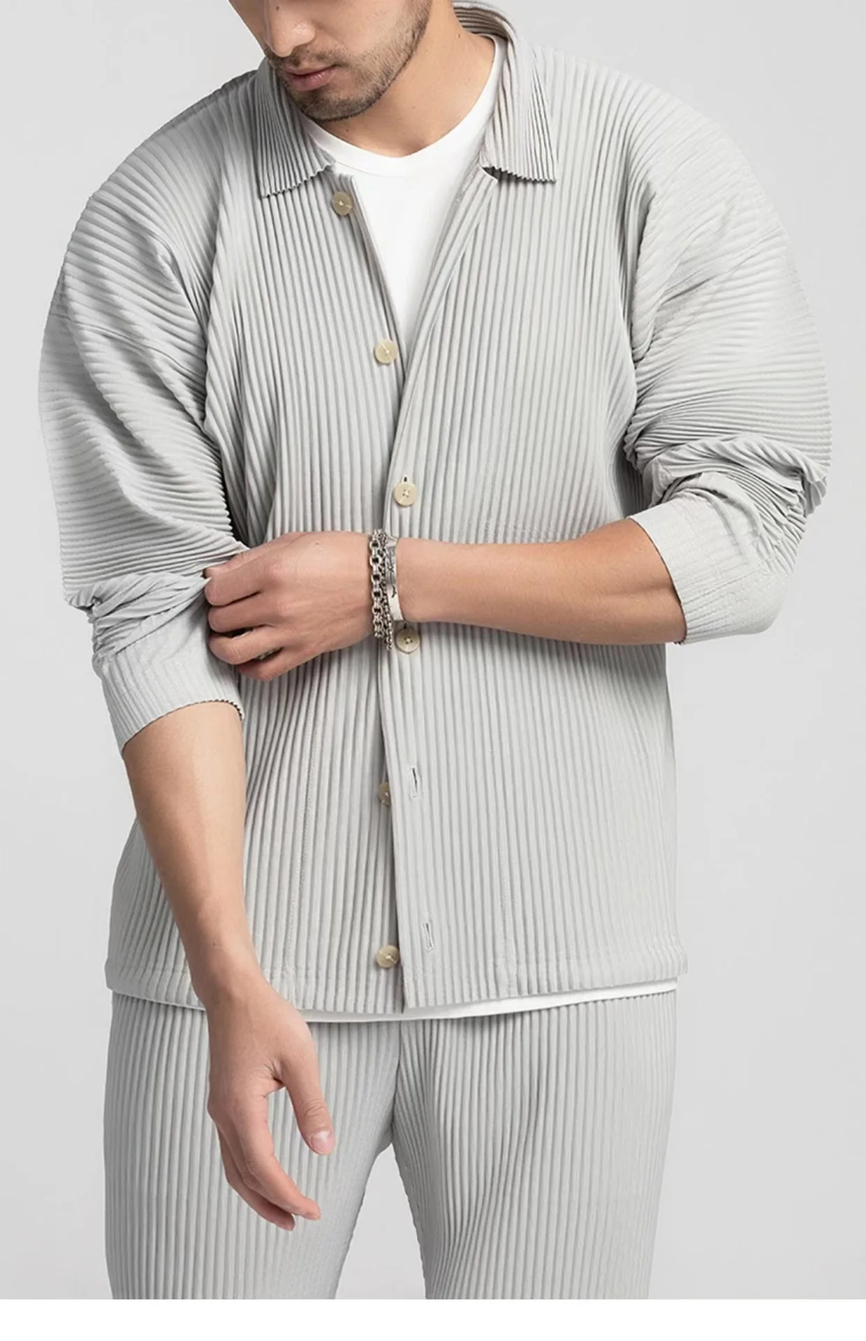 Miyake Pleated Casual Suit Jacket Korean Version Loose 2022 Summer Long-Sleeved Shirt Button Top Men