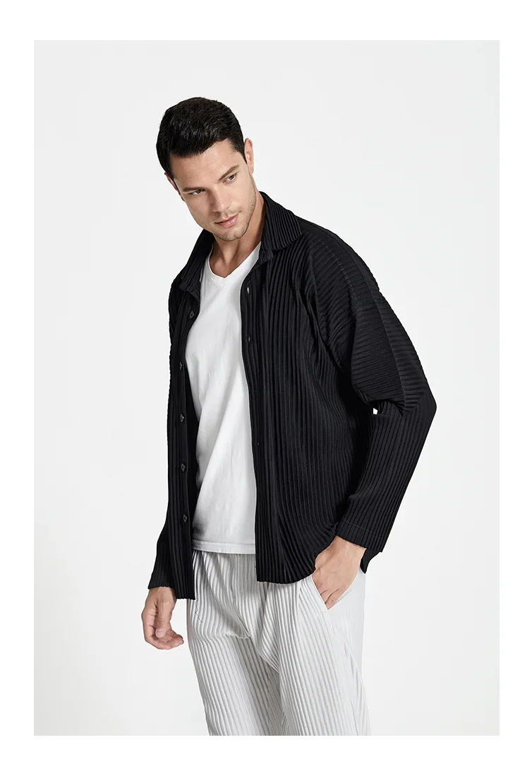 Miyake Pleated Casual Suit Jacket Korean Version Loose 2022 Summer Long-Sleeved Shirt Button Top Men