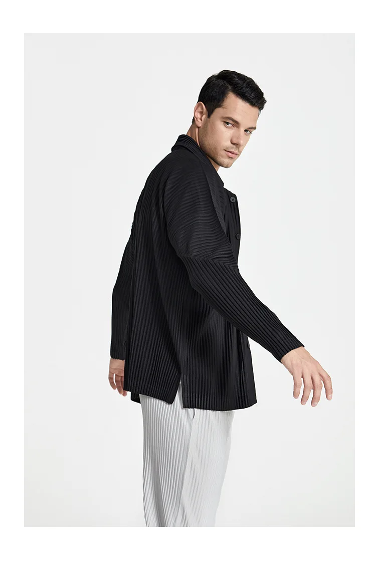 Miyake Pleated Casual Suit Jacket Korean Version Loose 2022 Summer Long-Sleeved Shirt Button Top Men
