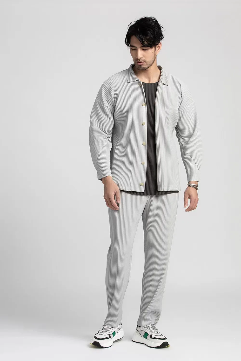 Miyake Pleated Casual Suit Jacket Korean Version Loose 2022 Summer Long-Sleeved Shirt Button Top Men