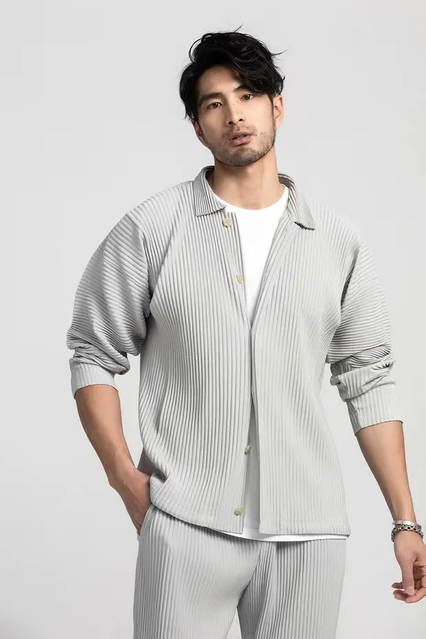 Miyake Pleated Casual Suit Jacket Korean Version Loose 2022 Summer Long-Sleeved Shirt Button Top Men