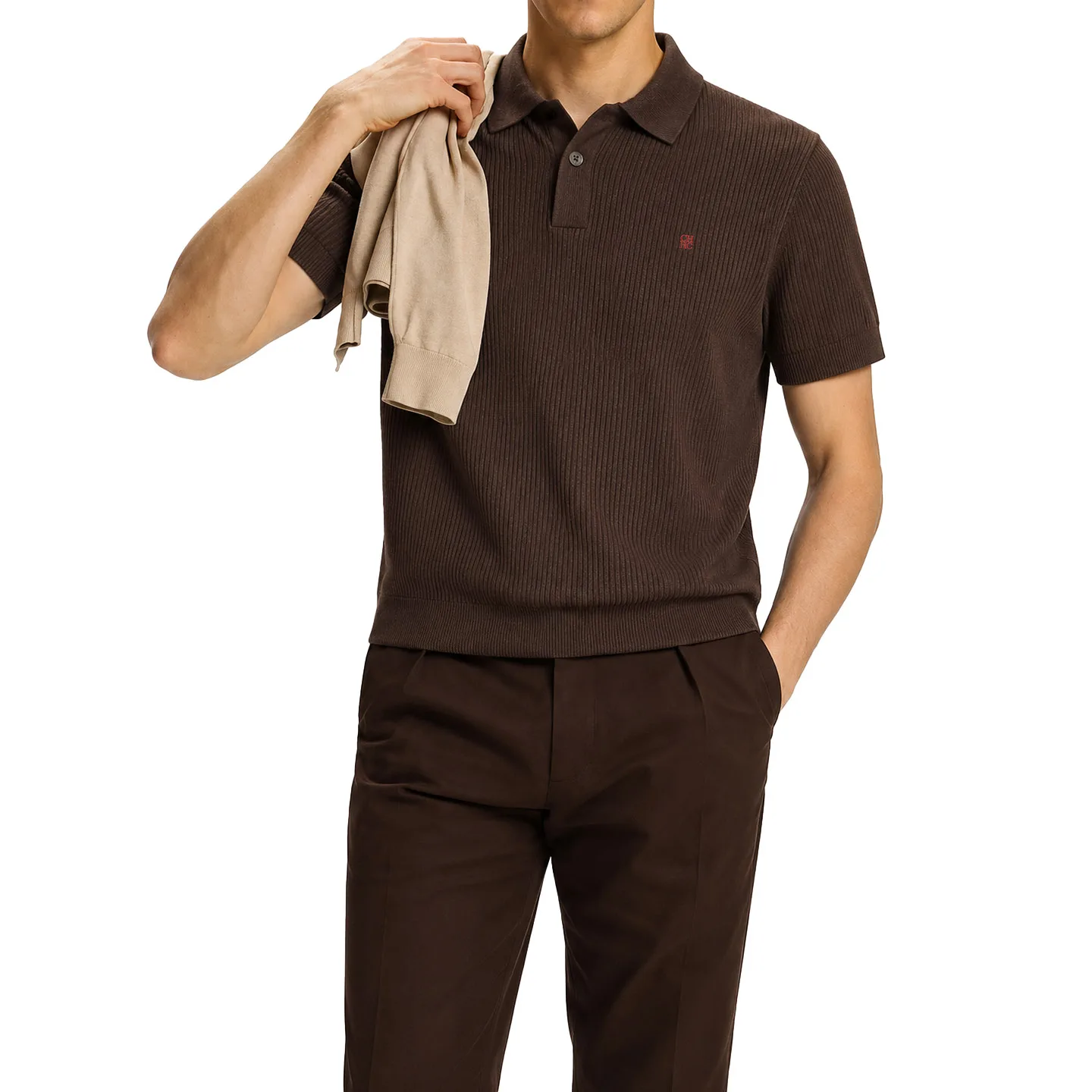 CH Men Luxury Vertical Ribbed Knit Polo Shirt Red Mini Embroidery Left Chest Regular Fit Vacation Office Smart Wear