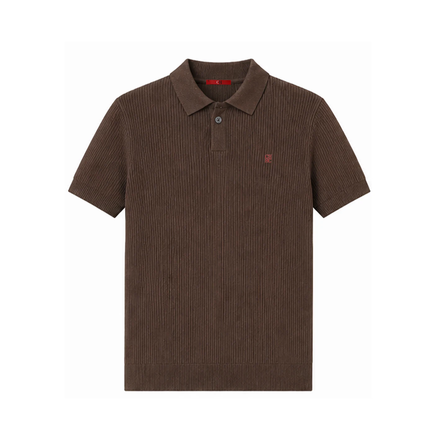 CH Men Luxury Vertical Ribbed Knit Polo Shirt Red Mini Embroidery Left Chest Regular Fit Vacation Office Smart Wear