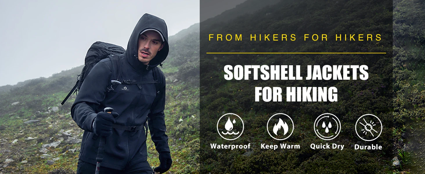 Pioneer Camp Men's Lightweight Softshell Waterproof Jacket Hooded Fleece Lined Windbreaker Rain Shell Jackets Hiking Outdoor