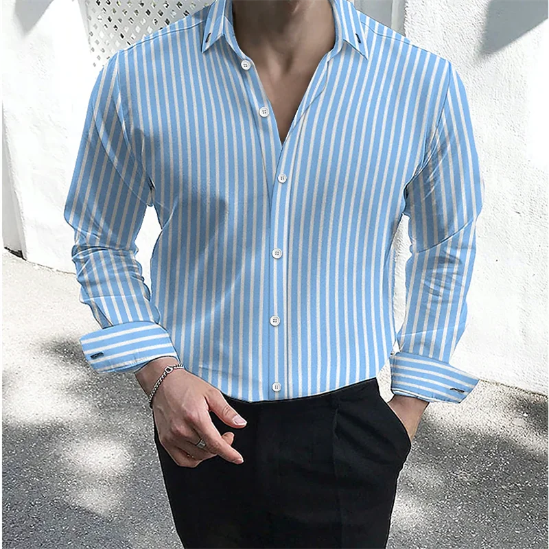 Men's formal shirt button lapel shirt black and white red long sleeve striped collar wedding work clothing large size 5XL