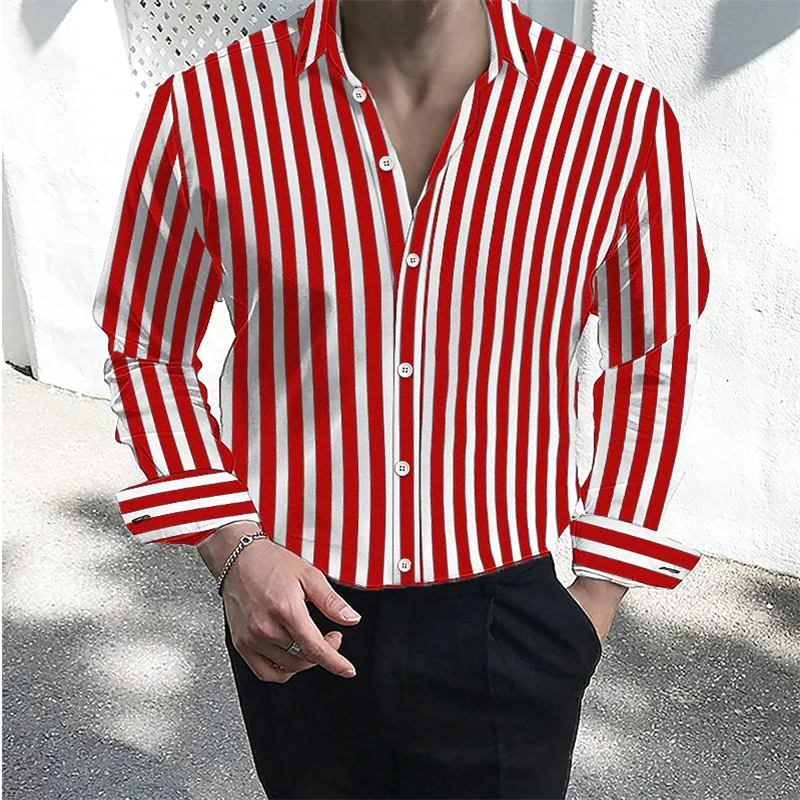 Men's formal shirt button lapel shirt black and white red long sleeve striped collar wedding work clothing large size 5XL