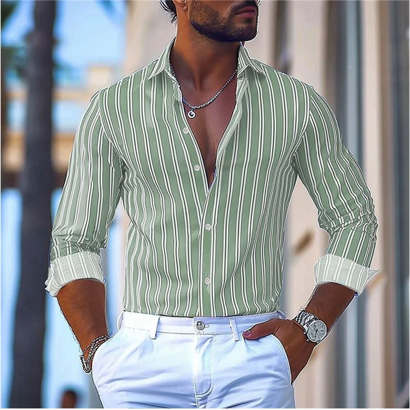 Men's formal shirt button lapel shirt black and white red long sleeve striped collar wedding work clothing large size 5XL